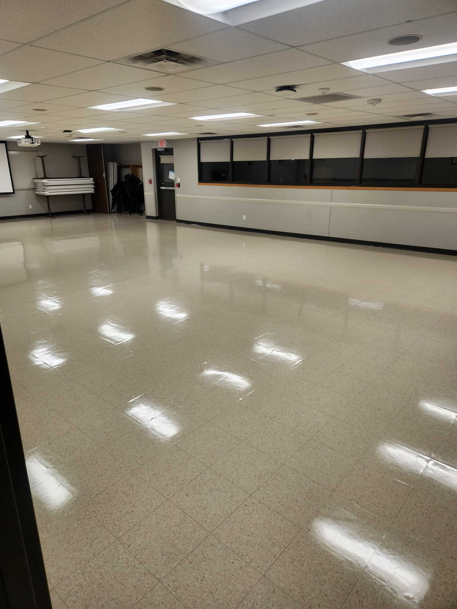 After: freshly stripped and waxed floors shining